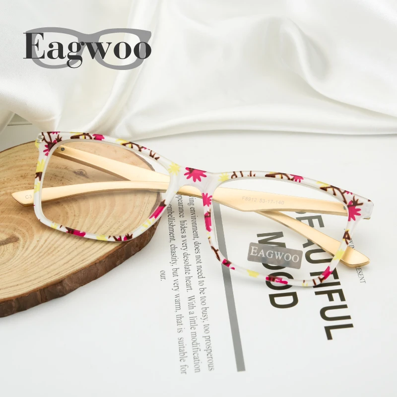 

Women Designed Eyeglasses Frame Prescription Optical Frame Cat Eye Yellow Glasses With Spring Temple Flower Printing Multi Color