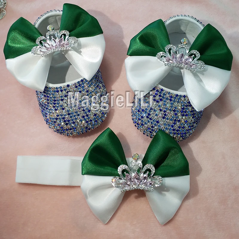 

emerald bowknot Custom Sparkle Bling crystals Rhinestones Baby girls shoes infant 0-1Y ribbon shoes First Walkers hairband 3184