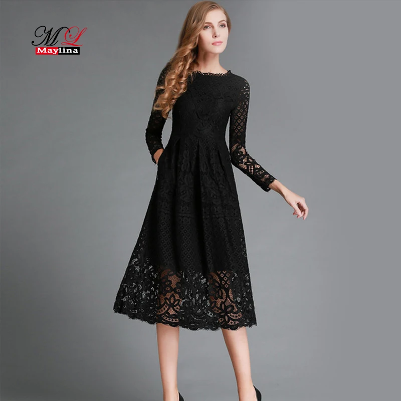 

Lusumily Spring Autumn Dress Women Long Sleeve Vintage Lace Medium Long Dresses Sexy Black White Hollow Out Slim Vestidos Mujer