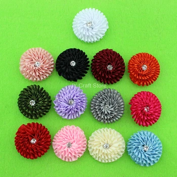

50pcs/lot ribbon cabbage flowers w/ rhinestone , 1.3inch satin flower, Clutch pin, stick pin supplies, hair bow supplies mixed