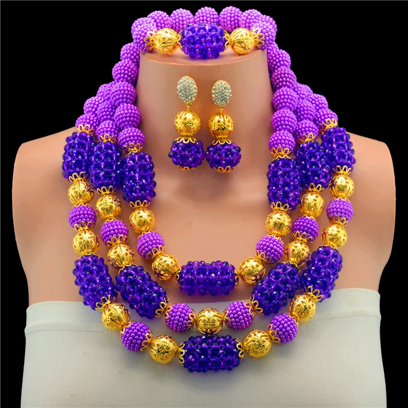 

2017 new purple nigerian wedding african beads jewelry set 3-layer beads crystal beaded necklace pendant bridal jewelry sets