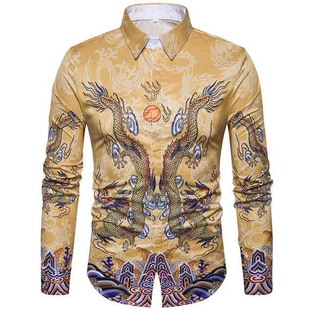 Chinese Dragon Printed Men Shirt Slim Fit Long Sleeve Chemise Homme ...