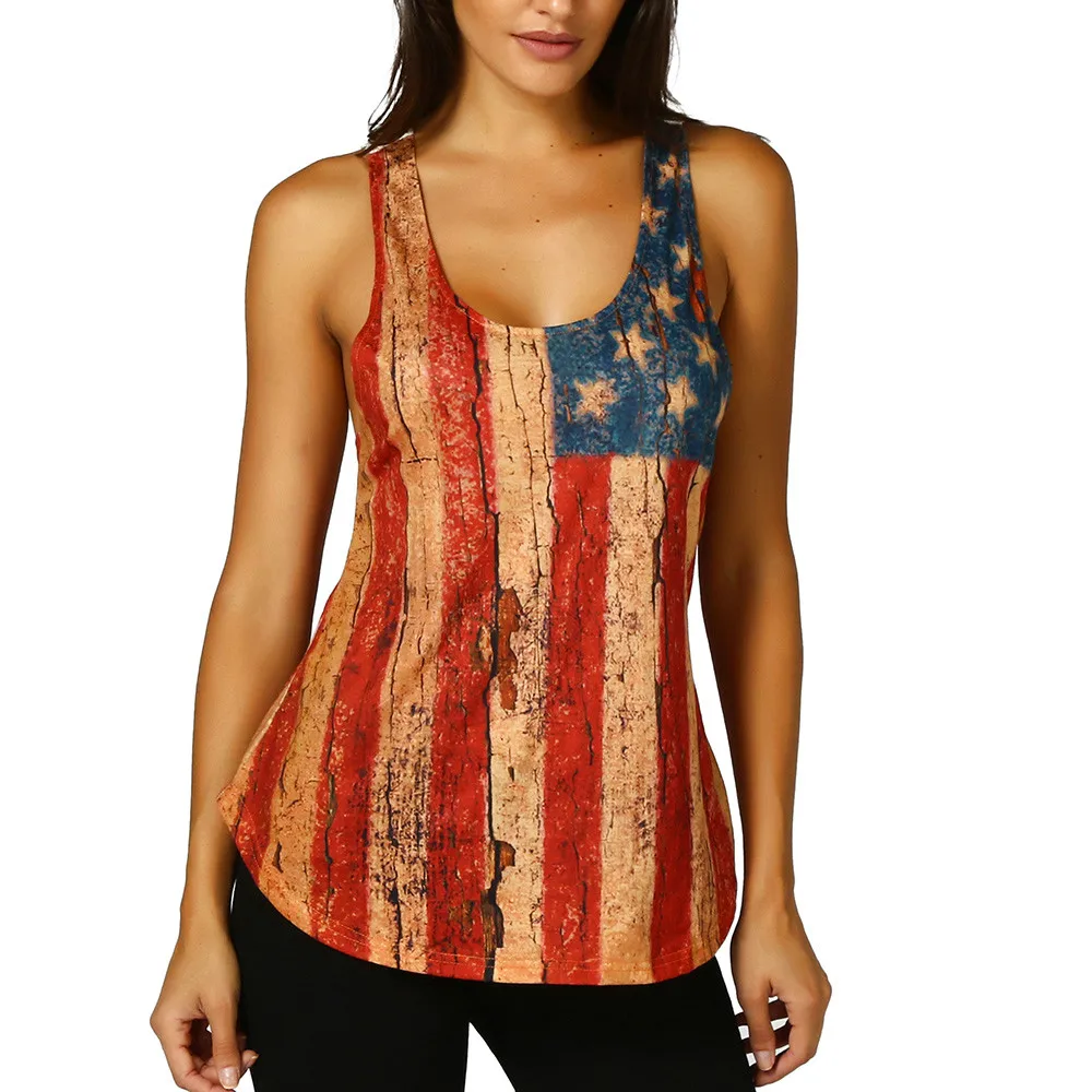 

Women Lace Sleeveless American Flag Tank Tops Casual Blouse T Shirt