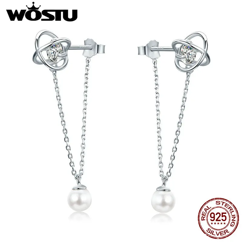 

WOSTU High Quality 925 Sterling Silver & Pearl Planet Drop Earrings for Women Fine Brand Silver Jewelry Gift CQE288