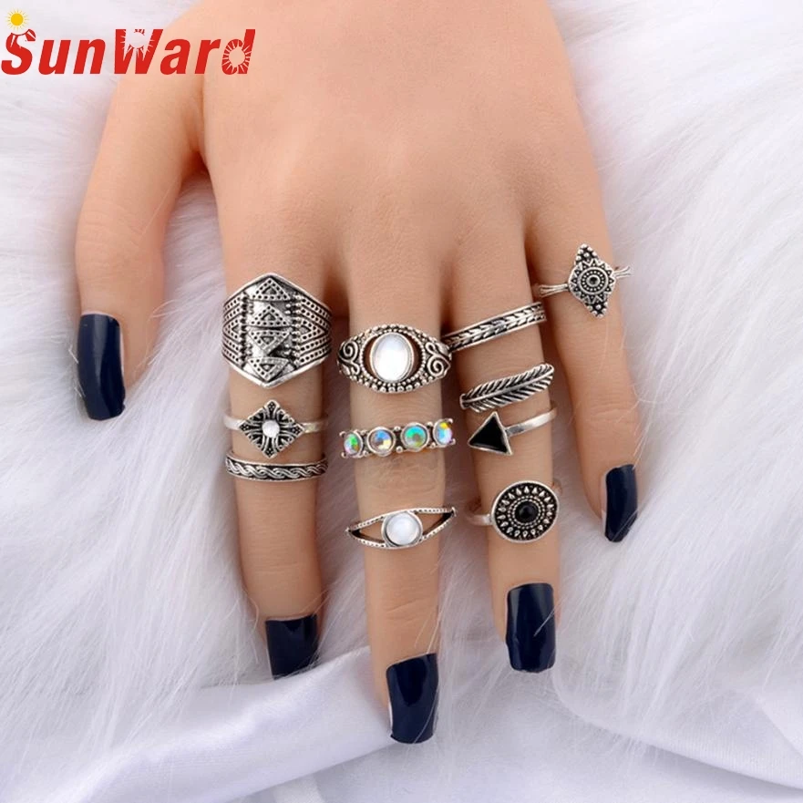 Fashion Rings joint ring suit 10pcs/Set Women Bohemian Vintage Silver Stack Above Knuckle Blue Set db8 p30 | Украшения и