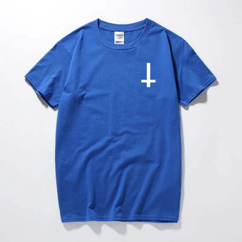 Новая мода сатана Перевернутый крест забавная футболка хлопок короткий рукав Футболка поклонение сатана футболка размера плюс для мужчин - Цвет: Синий