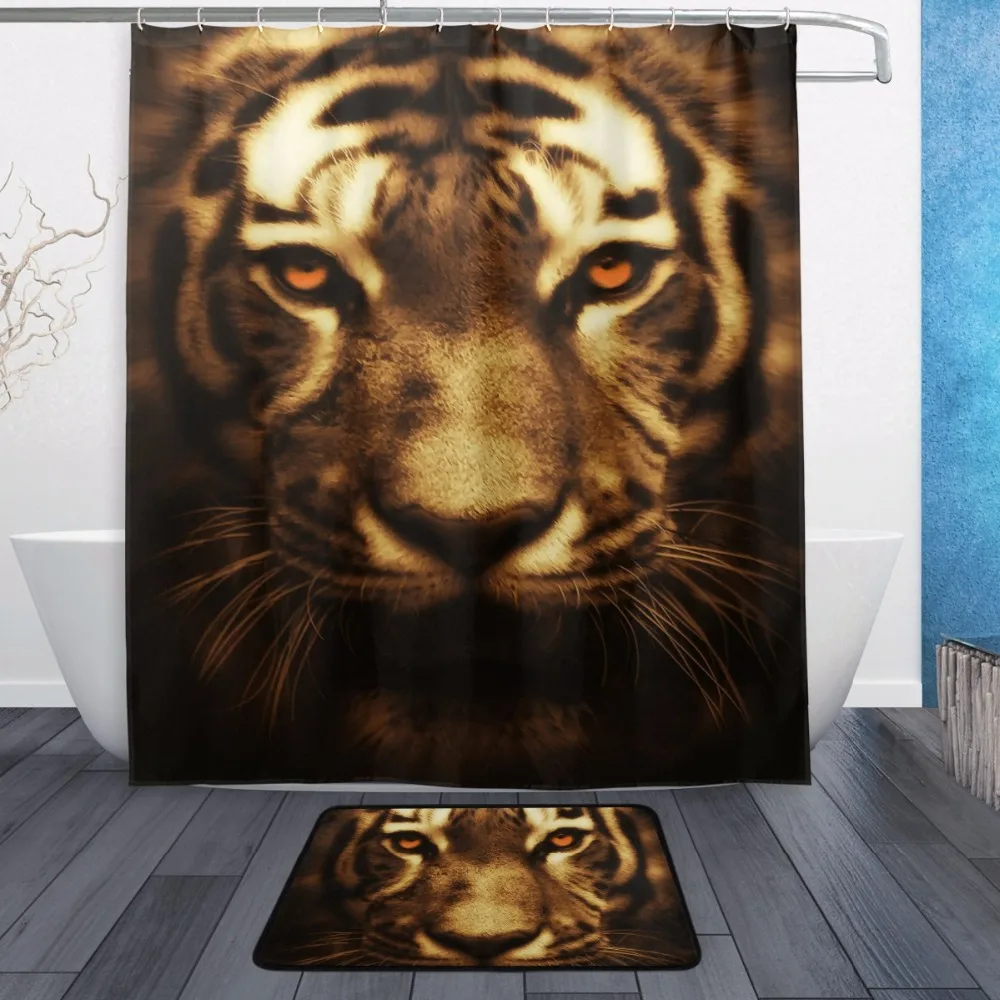 

Decorative Waterproof Polyester Shower Curtain 152cmx183cm With Hooks Non Slip Doormats Bathroom Floor Mat Tiger Head Door Mat