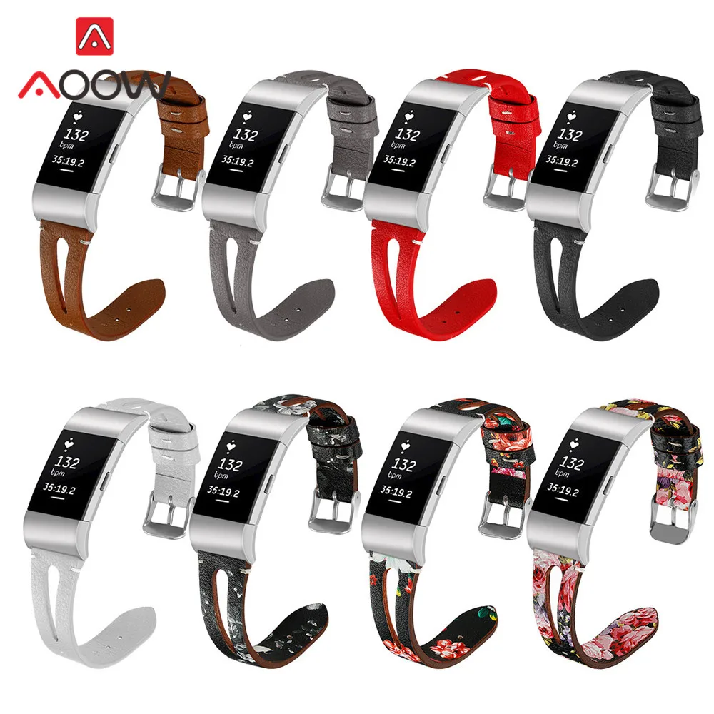 

Flower Printing Genuine Leather Watchband for Fitbit Charge 2 Pink Red Men Women Replacement Bracelet Band Strap for Charge2