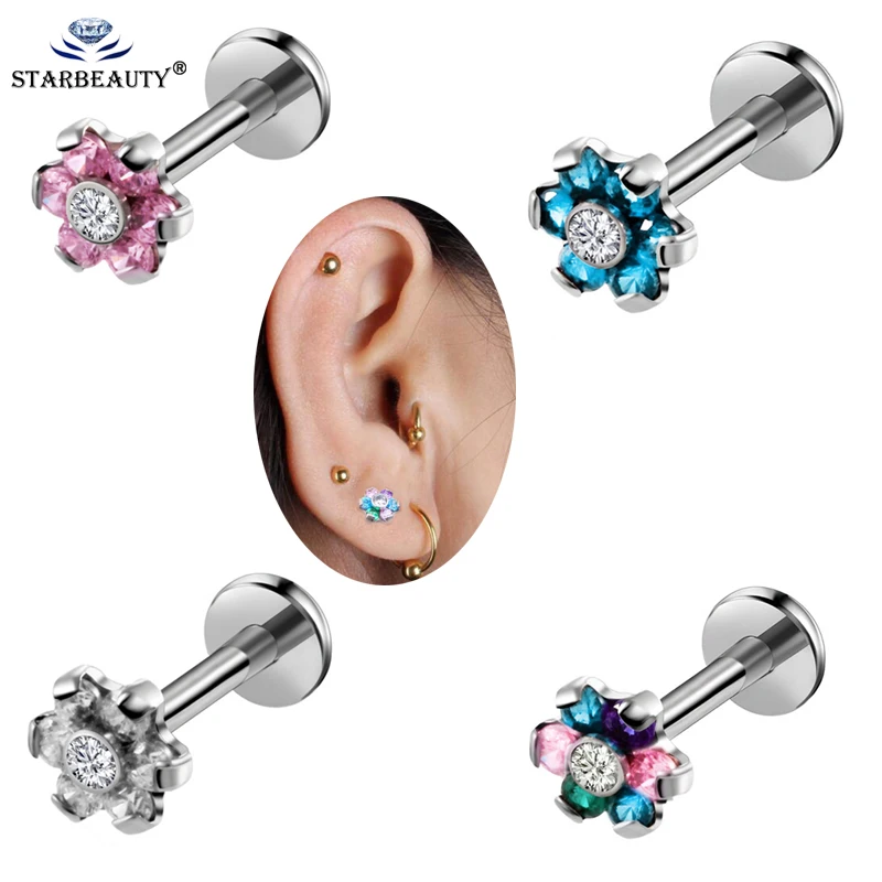 

1PC 16G Flower internally threaded Labret Ring CZ Labret Piercing Lip Morne Earrings Stud Cartilage Piercings Body Jewelry