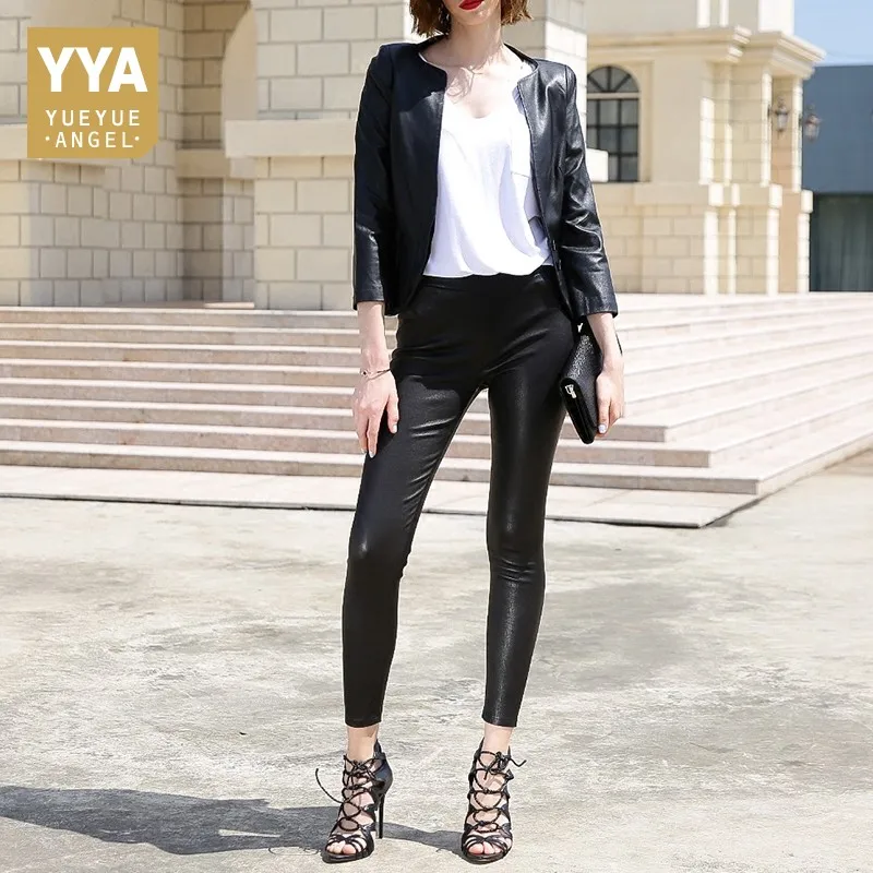 Высококачественные роскошные женские черные обтягивающие брюки, модные однотонные брюки из натуральной кожи, женские уличные узкие брюки-карандаш