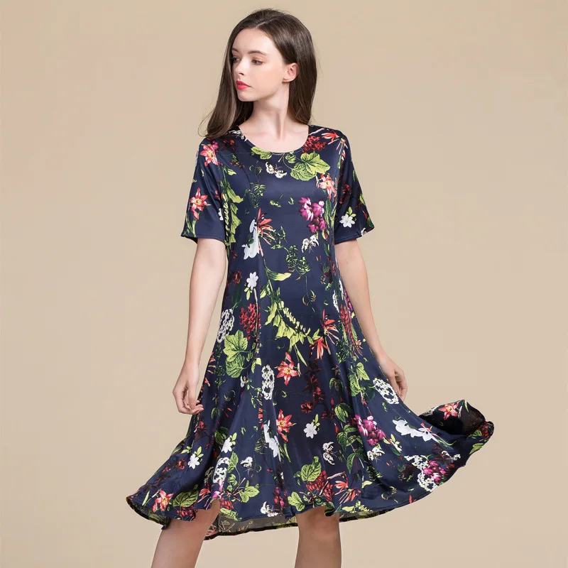 

Summer Women Dress 100% Real Silk Dress Short Sleeve Mid-calf O-neck Mid-waist Silk Knitting Loose Dress