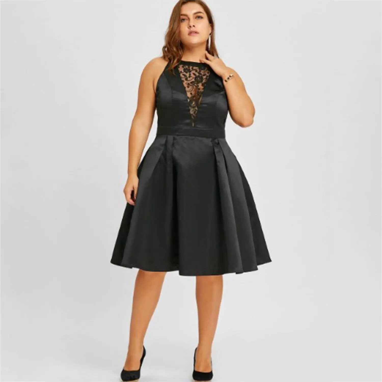 

Women's new explosions lace hanging neck pocket large size dress