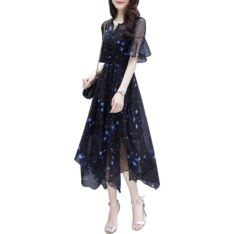 

Women's Vintage Chiffon Dress Summer V-Neck Sexy Slim Vintage Dresses Short Sleeve Star Print Vestidos Women's Clothing