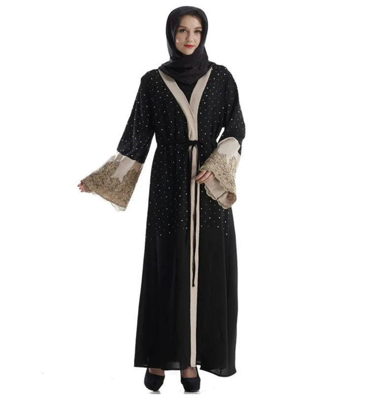 Мусульманских взрослых алмаз с кружевом мусульманская одежда Турецкий Дубай Абаи мусульманская одежда лоскутное кружева Абаи черный
