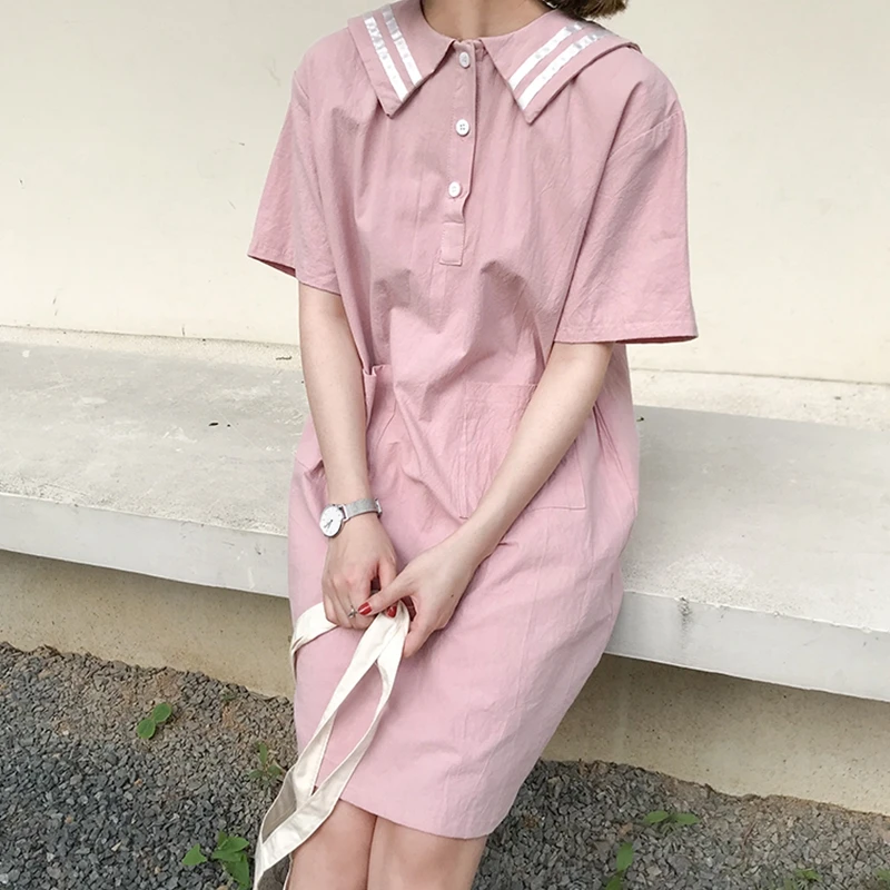 Summer Pink Women Dress Female Sailor Collar Solid Girls Summer Dresses Straight Short Sleeve Knee-Length Women One-piece Dress