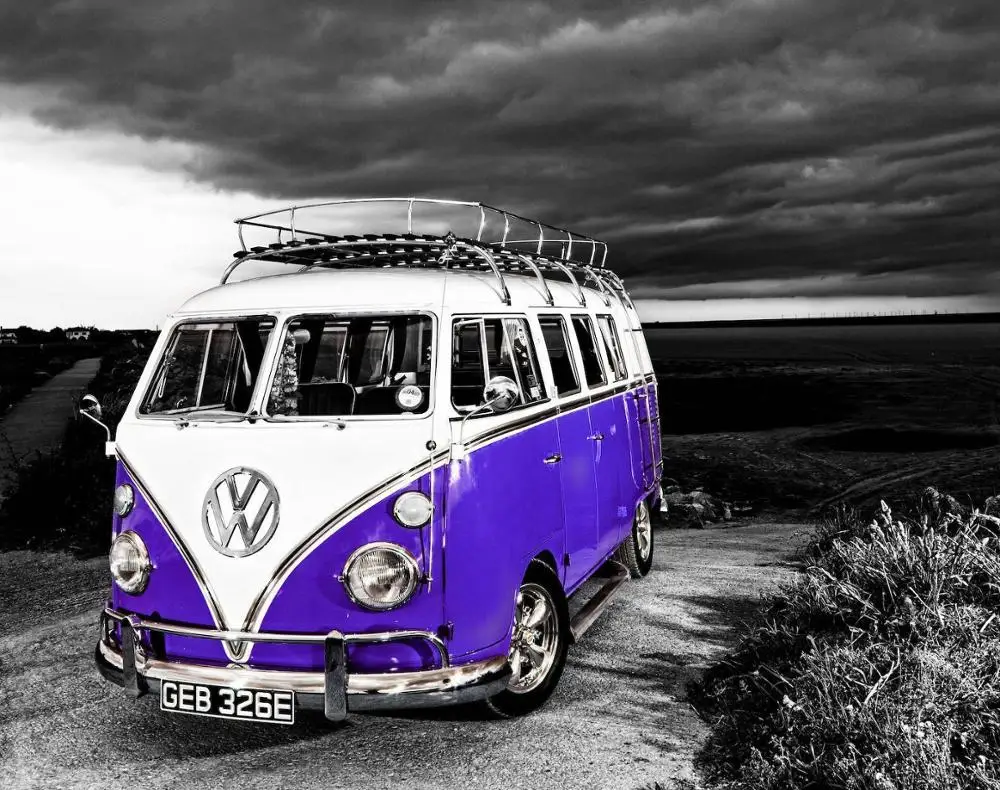 

N1834 Vw Camper Van Purple Stretched Surfing Campervan Wall Sticker Silk Fabric Poster Art Indoor Decor Bright