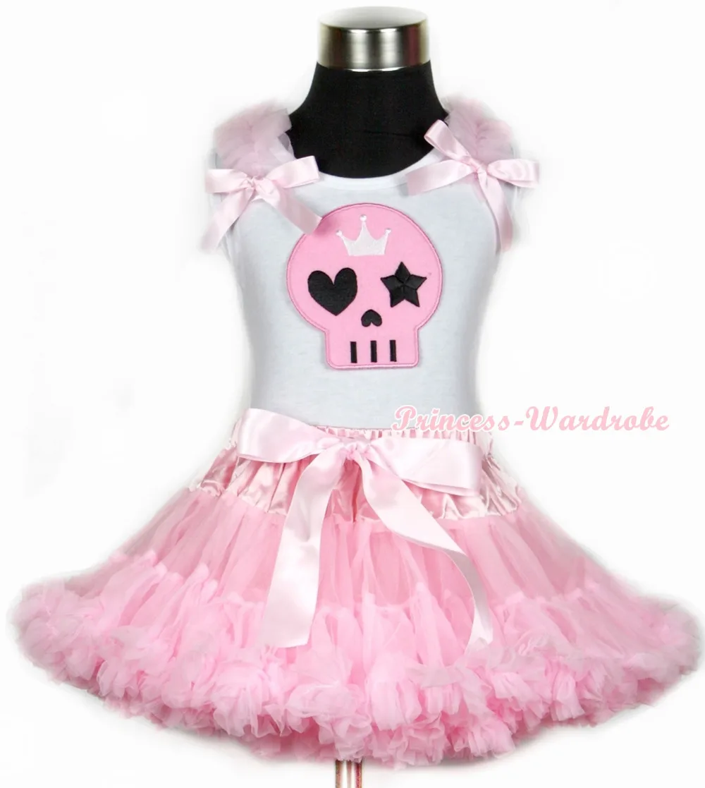 Halloween White Tank Top with Light Pink Skeleton Print with Light Pink Ruffles & Light Pink Bow & Light Pink Pettiskirt MAMG679 reigning champ ringspun tank top white
