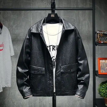 

New Men's Loose Large Size Coat Fashion casual Outwear Korean version of the Lapel Simple Leather Jacket Szie L-4XL