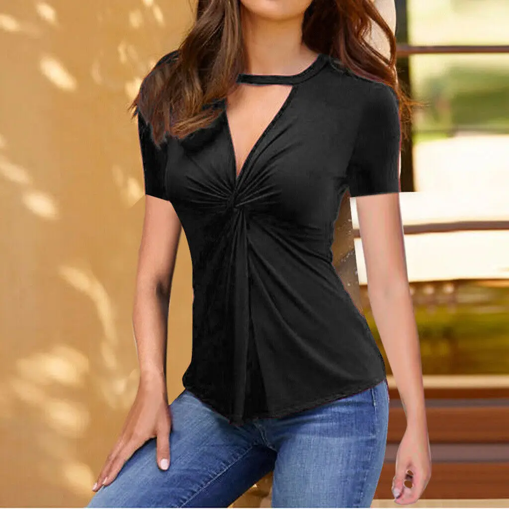 

Women Ladies High Neck Choker V-Neck Short Sleeve T-Shirts Ladies Slim Fit Tops Plus Size