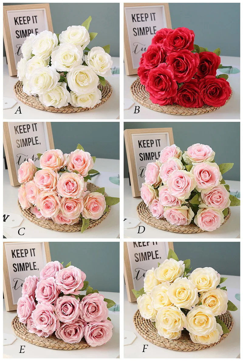 Flone Artificial Silk Rose Flower Bouquet Fake Flowers 12 Head Small Fresh Wedding Rose Decoration Home Decoration Accessories (28)