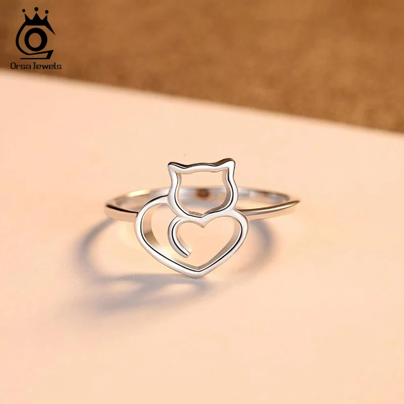ORSA JEWELS 925 Sterling Silver Women Finger Rings Cute Hollowed Cat Shape Ring Girl Silver Color Female Party Jewelry PSR62