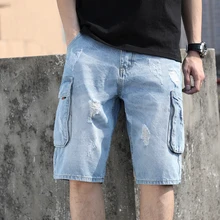 Ковбойские рваные джинсы с 2 бедренными карманами короткие мужские джинсовые штаны повседневные с дырками длина до колена джинсовые брюки