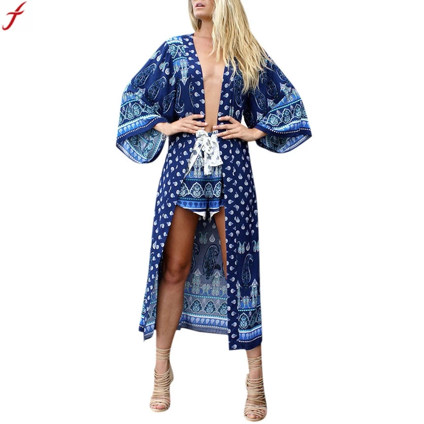 

2019 New Fashion Women Blouse Geometric Printed Chiffon Shawl Kimono Cardigan Maxi Long Tops Loose