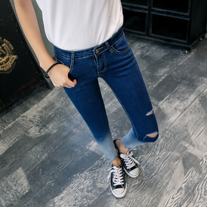 TRUST DREAM Spring Summer Young Girl Washed Gradient Color Slim Jeans Ripped Hole Female Casual Special