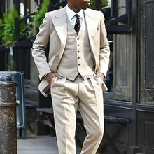2018 Khaki Formal Men Suits for Groom Wedding Tuxedos Three Piece Peaked Lapel Blazer Evening Party Male Suit Jacket Pants Vest