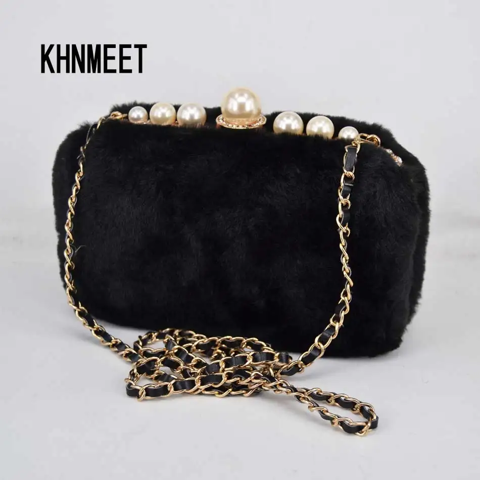 2017 Winter New Designer Plush Black Pearl Crystal Evening Bag Strap Chain Women Wedding Party ...