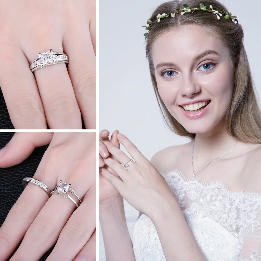 BLUE VOLGA 2.19ct Princess Cut Cubic Zirconia Ring 925 Sterling Silver Engagement Wedding Bands Rings For Women Bridal Sets Gift Fine Jewelry