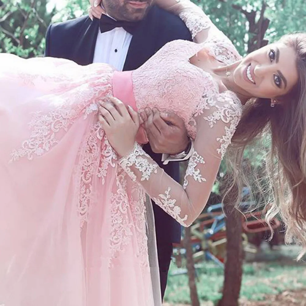 Spring-Vintage-Short-Wedding-Dress-Pink-Wedding-Gowns-Long-Sleeve-Lace-Bridal-Dresses-2017-Knee-Length
