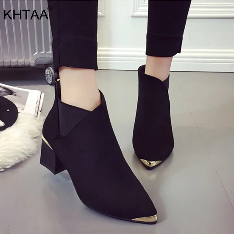 

Autumn Winter Ankle Boots Women Solid Flock Square Heel Pumps Female Fashion Zip Metal Decoration Pointed Toe Shoes Ladies