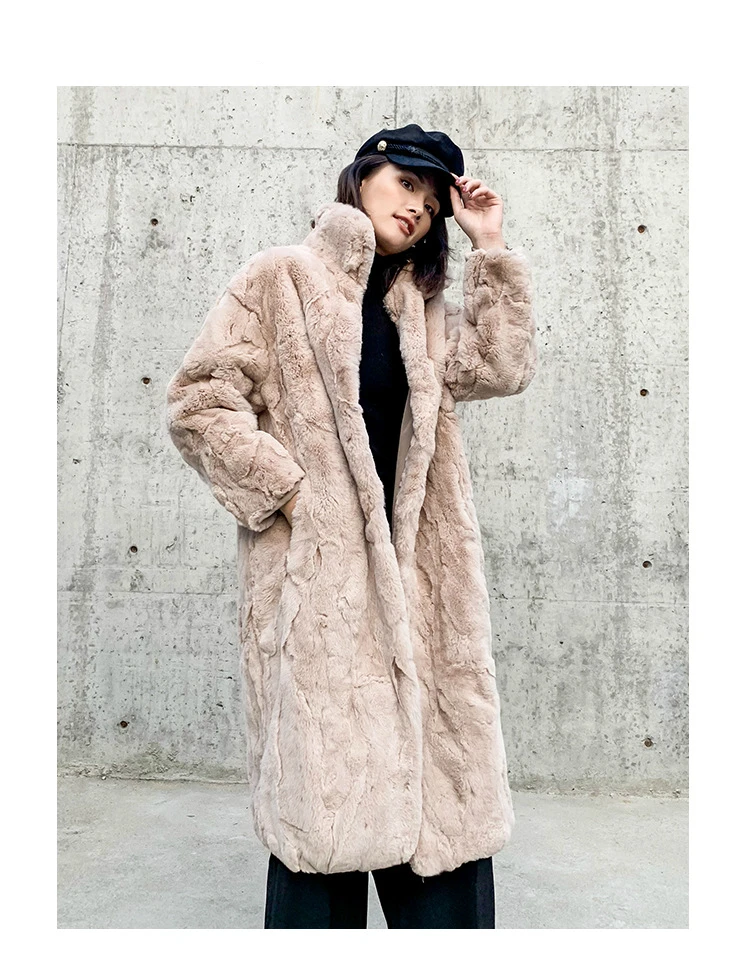 Зимняя женская повседневная куртка из натурального меха кролика Рекс, длинное пальто с воротником-стойкой, уличная Толстая теплая верхняя одежда
