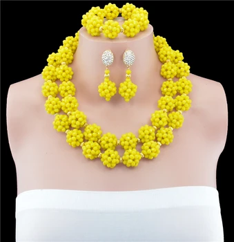 

African Brides Handmade Yellow Crystal Beads Jewelry Set Nigerian Wedding Dubai Gold-color Jewelry Set Free Shipping