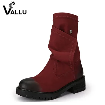 

2018 Autumn Winter Genuine Leather Shoes Women Boots Round Toes Low Heels Button Handmade Women Mid Calf Boots