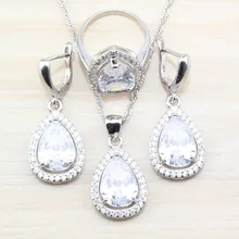 Простые 925 серебряные аксессуары, белый циркон, капли воды, ювелирные наборы, висячие серьги и ожерелье, кольцо для женщин, подарок к костюму