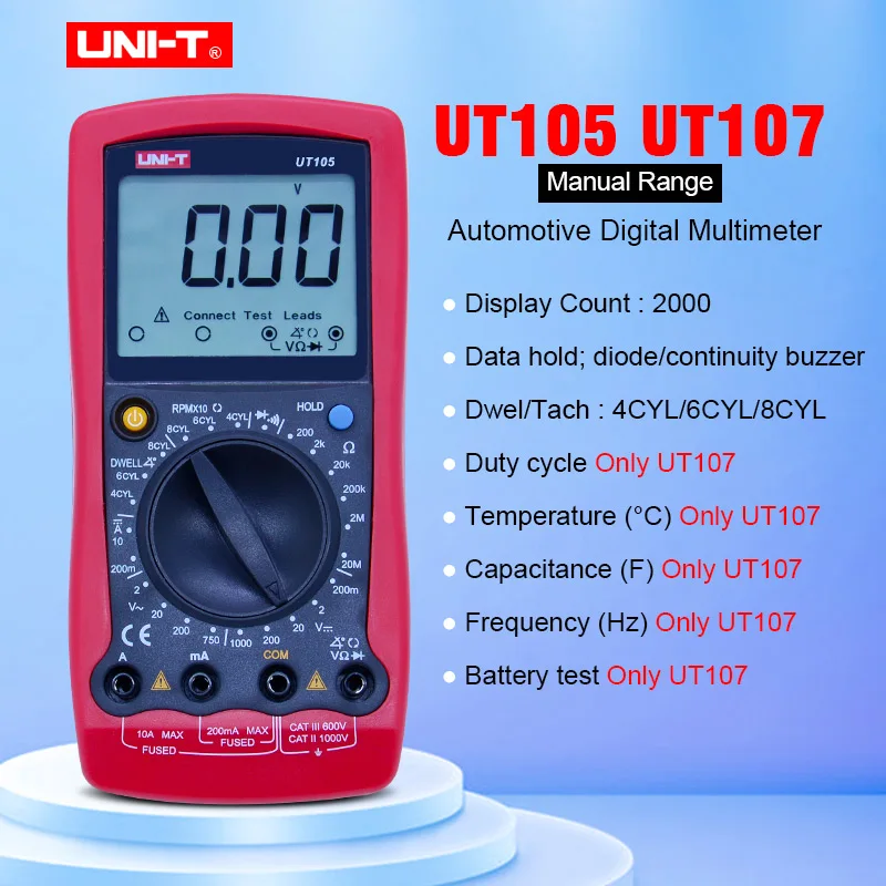 UNI-T UT105/UT107 портативный, автомобильный многоцелевой измерительный прибор ручной Диапазон мультиметр Входная защита тестовая батарея