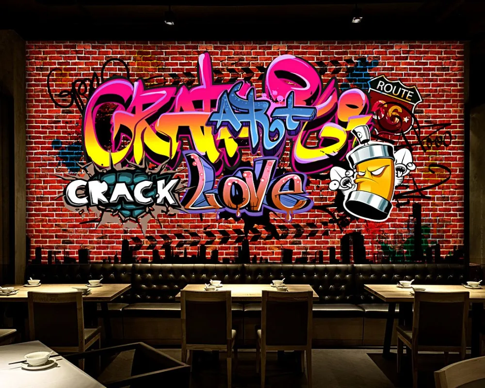 

Free Shipping Vintage Brick Wall Trend Graffiti KTV Bar Wall Hotel Restaurant Colorful Graffiti Custom 3D Wallpaper Mural