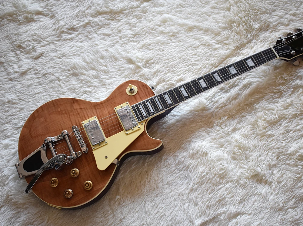 

Factory Custom Brown Electric Guitar with Flame Maple Veneer, Tremolo, Chrome Hardware, Trapezoidal Frets Inlay, Be Customize