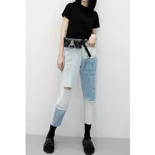 [EWQ] летние новые асимметричные Лоскутные дырки, хит цветов, длина по щиколотку, большие размеры, женские модные джинсы ag075l