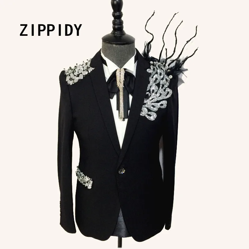 Silver Rhinestones Crystals Branches Adorn Design Men's Black Suit