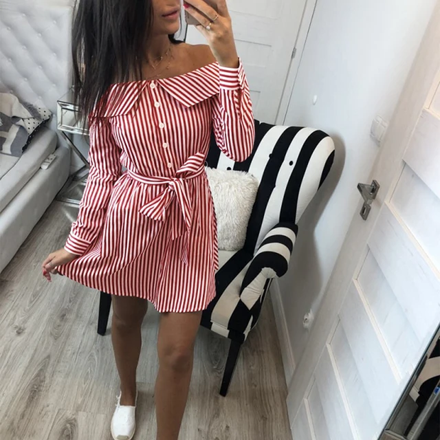 Off Shoulder Striped Dress Women 2018 Summer Sundresses Beach Button With Sashes Casual Shirt Short Mini Party Dresses