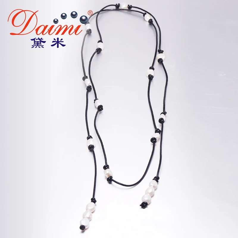 

DAIMI 9-10mm Natural Baroque Pearl 9-10mm Leather Necklace White Jewelry 152cm Long Pearl Necklace