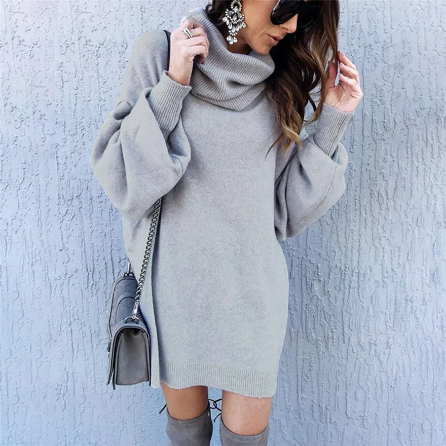 

Women Loose Solid Turtleneck Knitted Warm long Latern Sleeve Pullovers Sweater Dress #1102 A#487