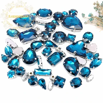 

58pcs 10shapes 25sizes Mix Peacock blue shape and sizes Glass Crystal rhinestones silvery bottom DIY Clothing accessories