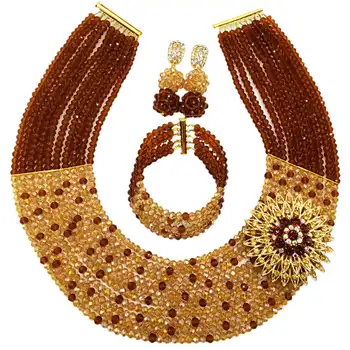 

Fashion Brown Gold AB Crystal Beaded Custome African Jewelry Set Nigerian Wedding Necklace Beads Sets 10C-SZ41