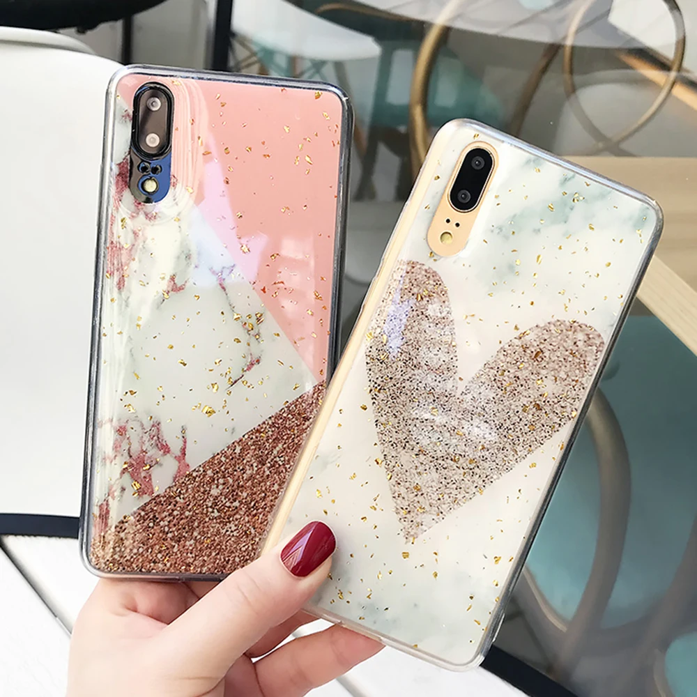 

Glitter Marble veins Cases For Huawei P20 P30 Pro Lite Mate 20 Pro Gold Foil Love heart Soft Silicone Shockproof Back Cover