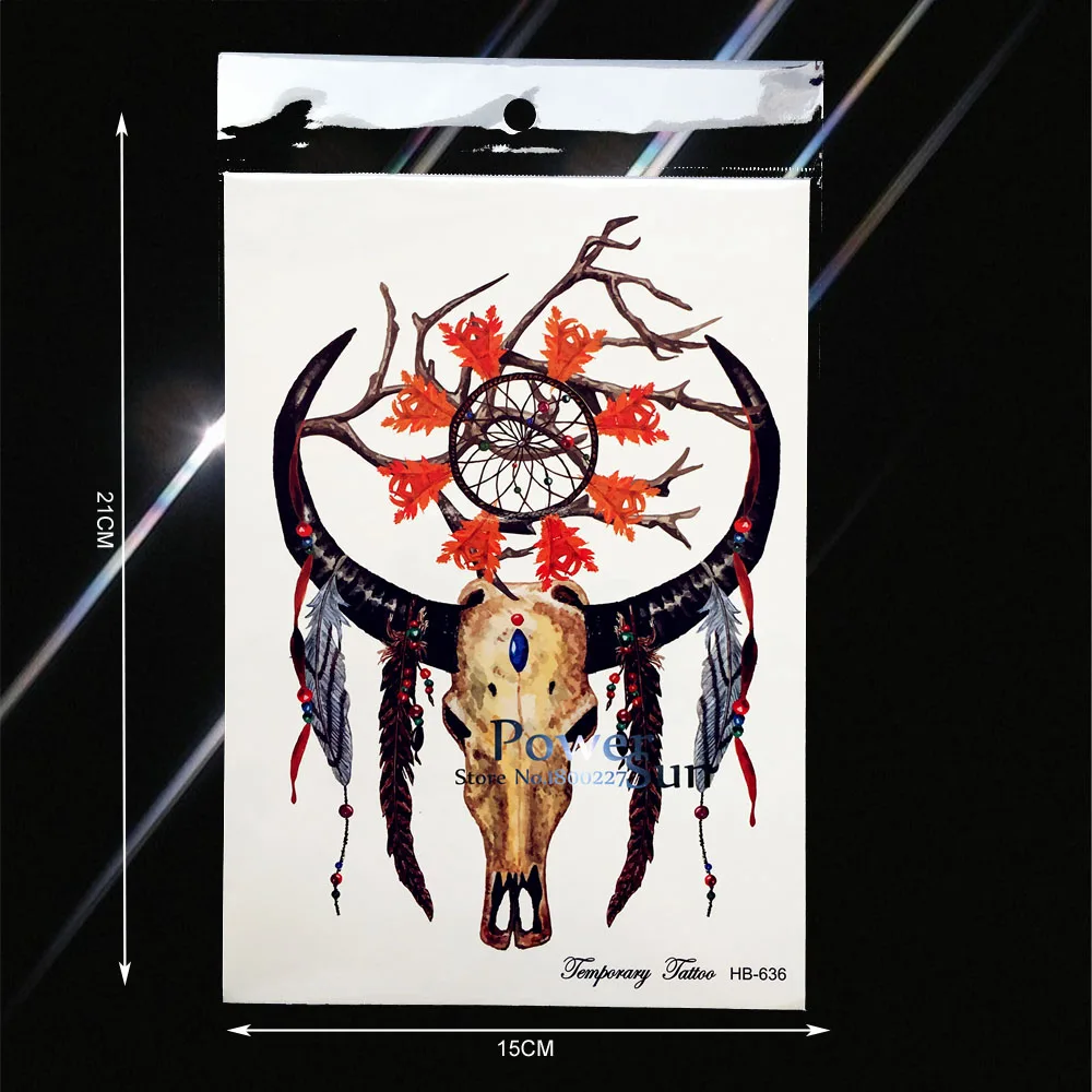 Goat Skull Head Waterproof Temporary Tattoo Deamcatcher Indian Totem Fake Flash Tattoo Stickers PHB 636 Men