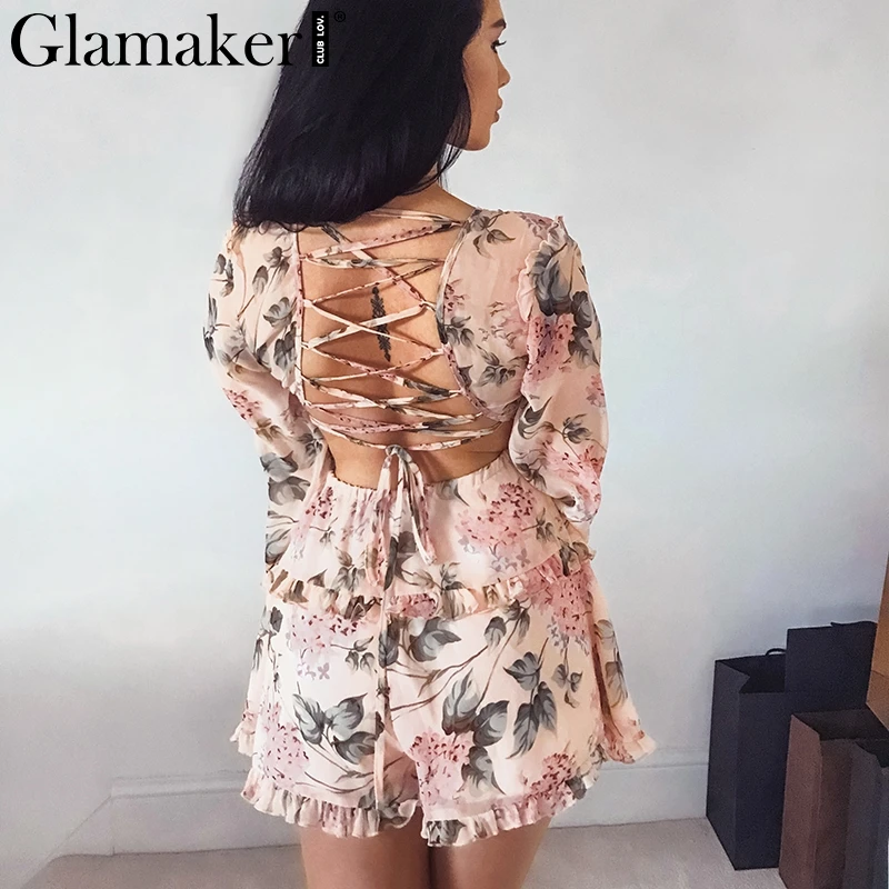 Glamaker Sexy floral print chiffon bandage Jumpsuit Romper V Neck lace up high waist Short jumpsuit summer women sexy playsuit